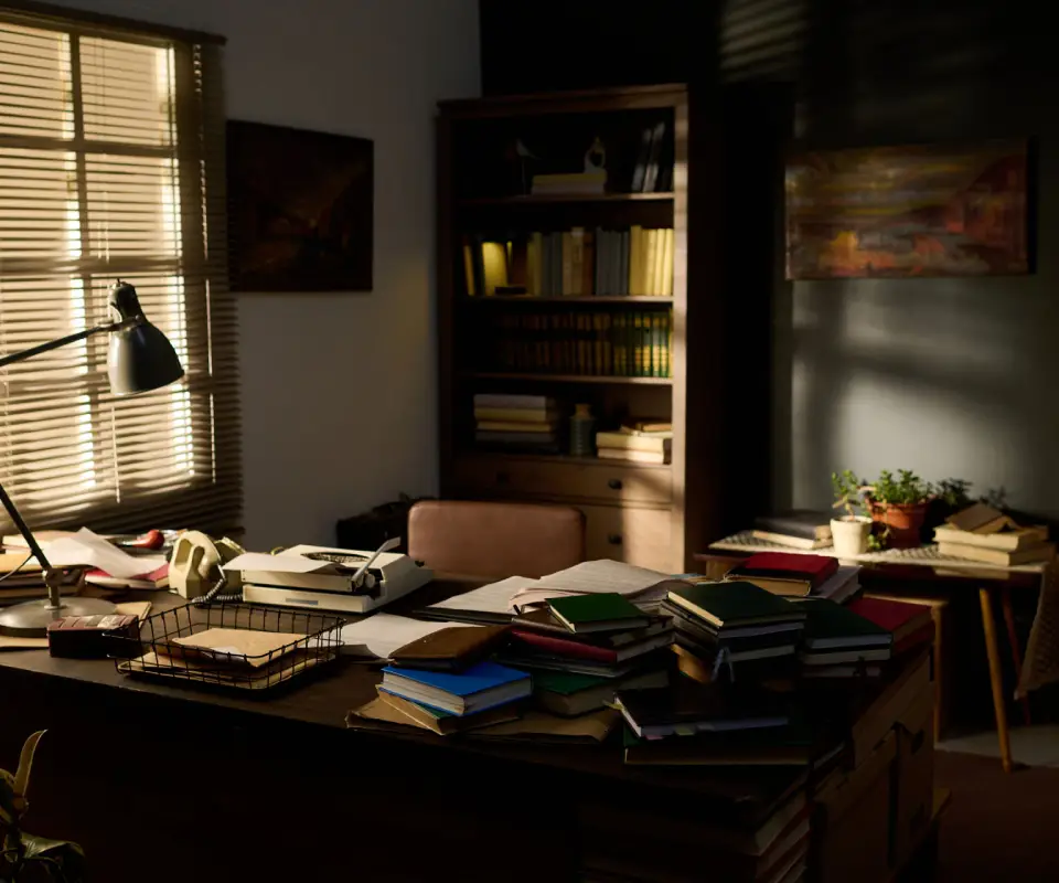 Sunlit study room with scattered books